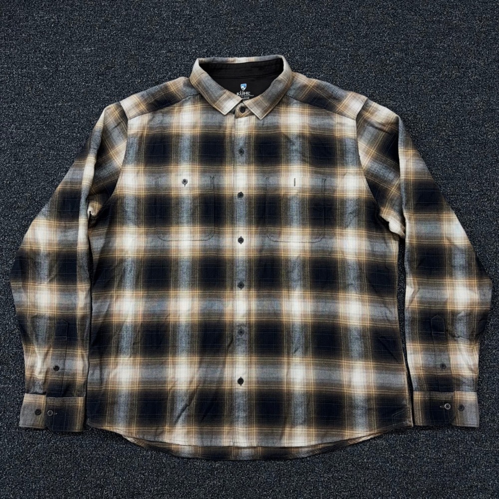 Kuhl Plaid Flannel Shirt Mens XL‎ Brown Black Cotton Tencel Blend Long Sleeve